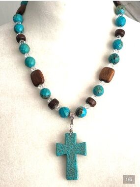 925 turquoise stone cross necklace w/faceted and wooden beads/clear crystals